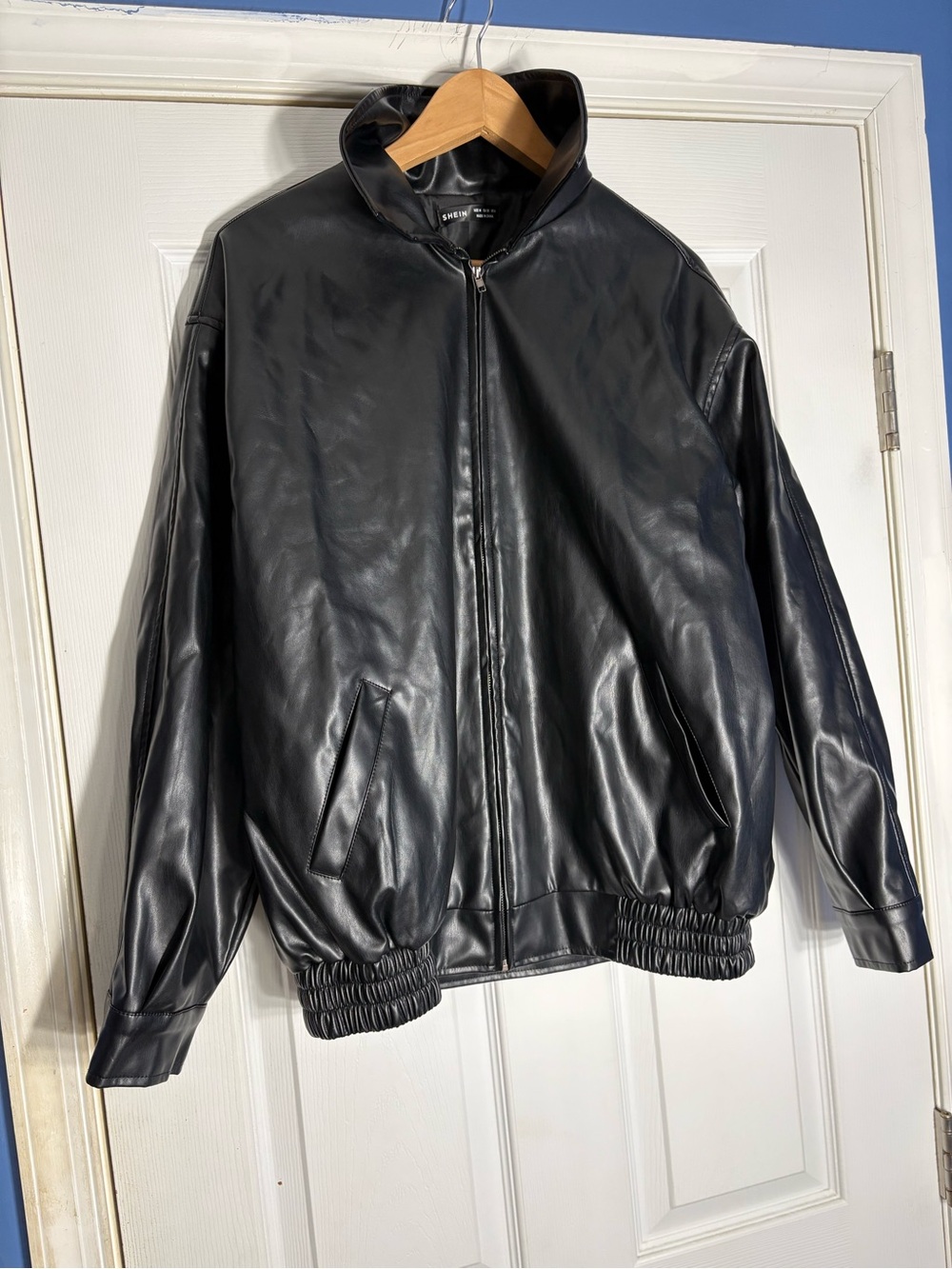 SHEIN Black Faux Leather Bomber Jacket